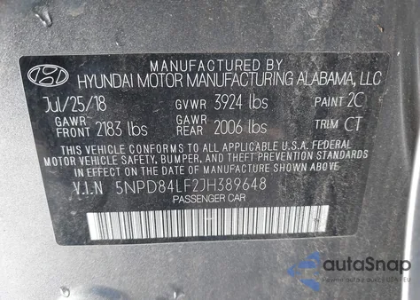 2018 Hyundai Elantra Sel from USA, damaged, VIN 5NPD84LF2JH389648